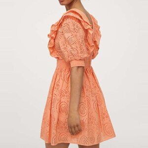 NWT H&M Broderie Anglaise Eyelet Ruffle Dress In Coral Pink XS‌